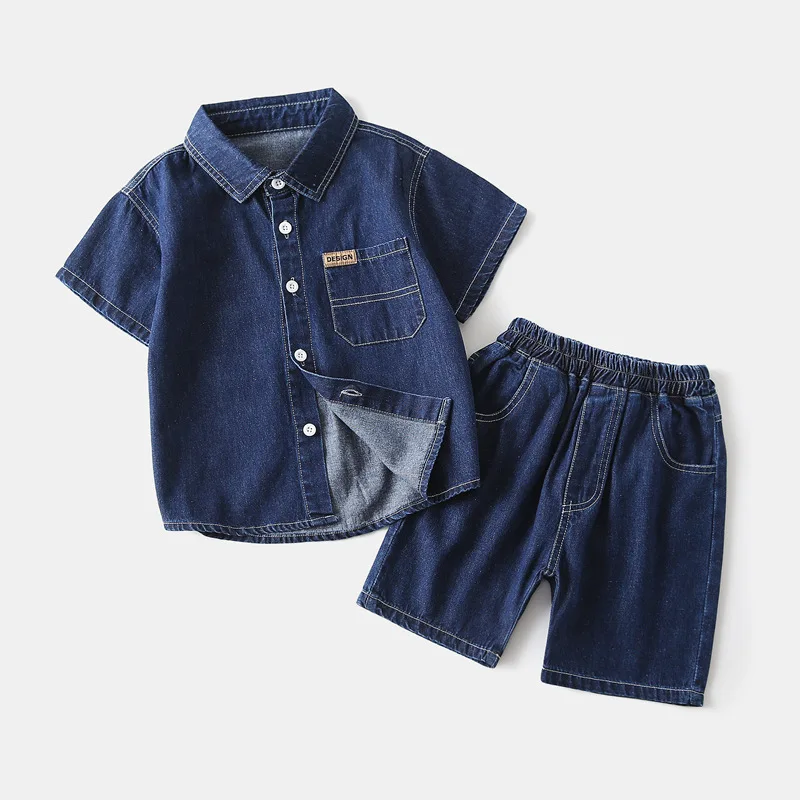 2024 Summer Kids Casual Set, Handsome Boys' Denim Short Sleeve Shirt & Shorts Two-Piece Set, Available for Ages 3-8, Blue