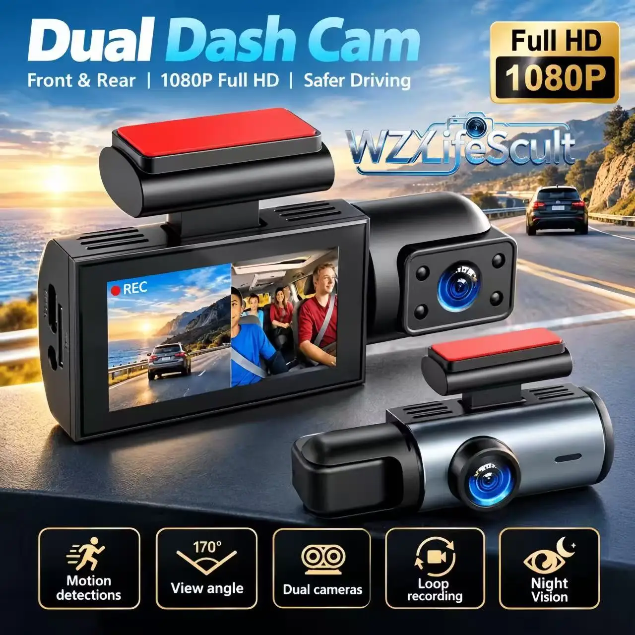 1080P Car Dash Cam with Dual Front and Rear Lenses, Infrared Night Vision, Loop Recording, Motion Detection, Easy Installation, 2-Inch Screen, Car DVR, Dashboard Recorder, Car Accessories, Halloween/Christmas/Black Friday Gift for Car Owners