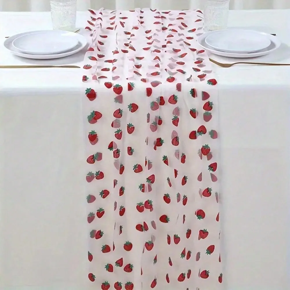 1/2/3Pcs Strawberry Print Mesh Tablecloth, Strawberry Theme Decor for Birthday, Wedding and Engagement Party