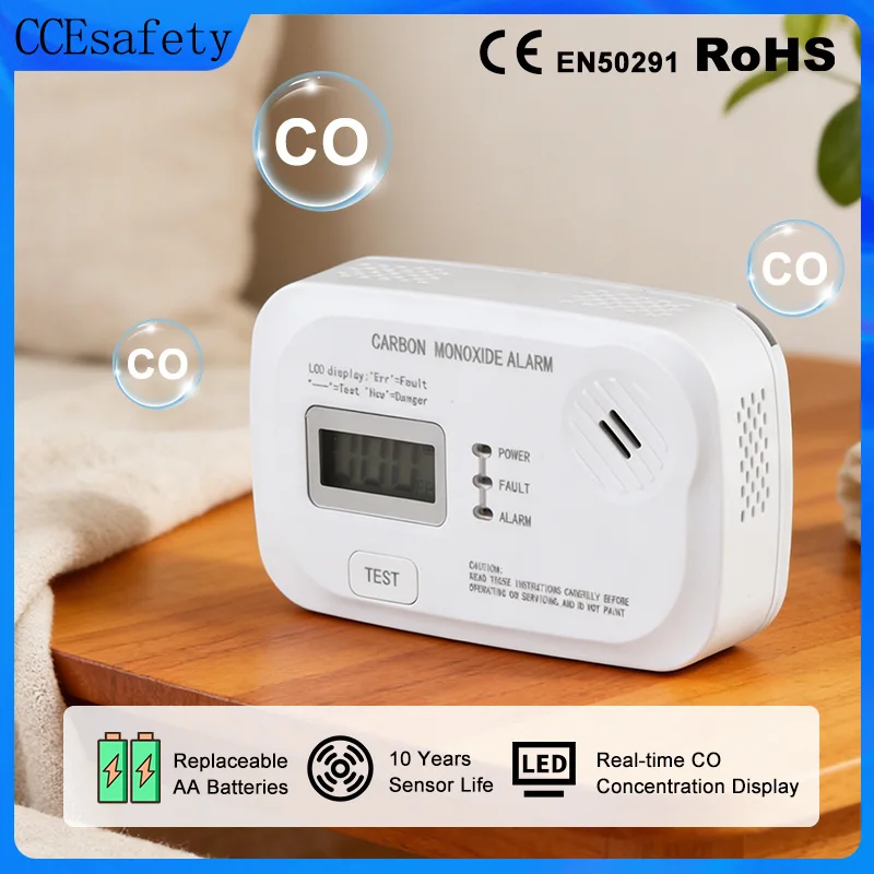 CCEsafety CA12 Carbon Monoxide Detector EN50291 10 Years CO Sensor Carbon Monoxide Alarm For Home RV Travel AA Battery Powered