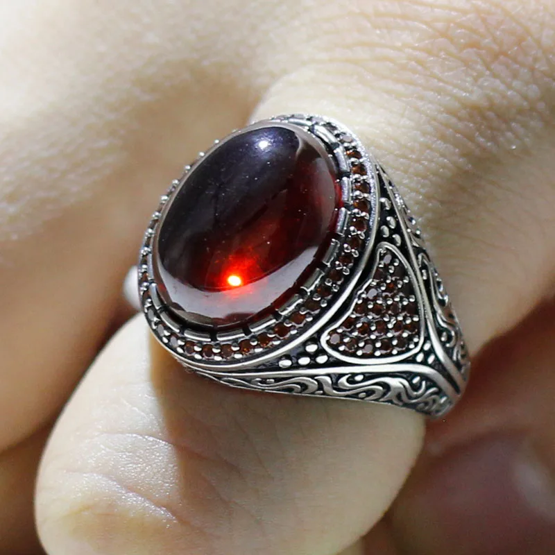 New S925 Sterling Silver Türkiye Women\'s Handmade Ring AAA Red Zircon Vintage Fashion Party Luxury Christmas Jewelry Gift