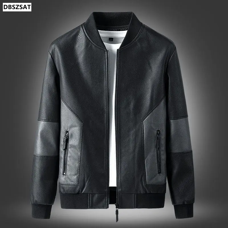 

M-4xl Mens Faux Pu Leather Jacket Spring Autumn Male Coat Stand Collar Zipper Patchwork Casual Soft Outerwear Clothes Hy79