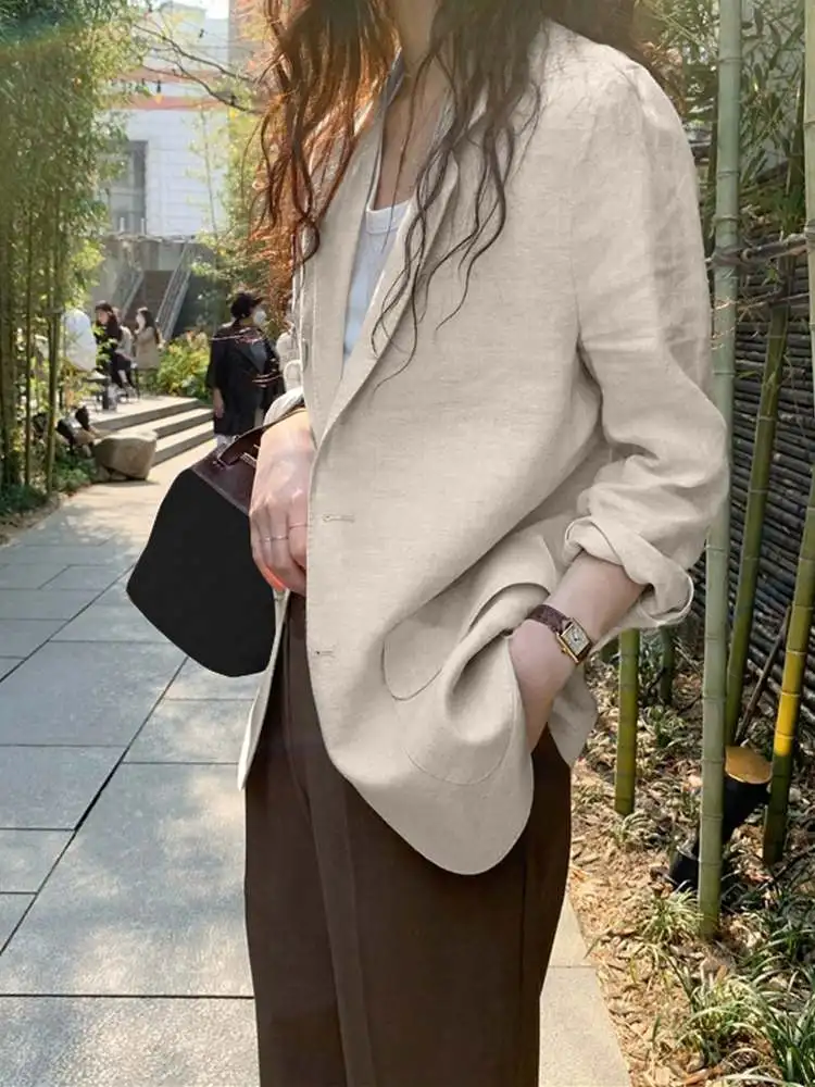 ZANZEA Autumn Blazer Fashion Women Casual Solid Cotton Blazer Lapel Neck Long Sleeve Thin Outwear Office Work Suits Coat Jackets