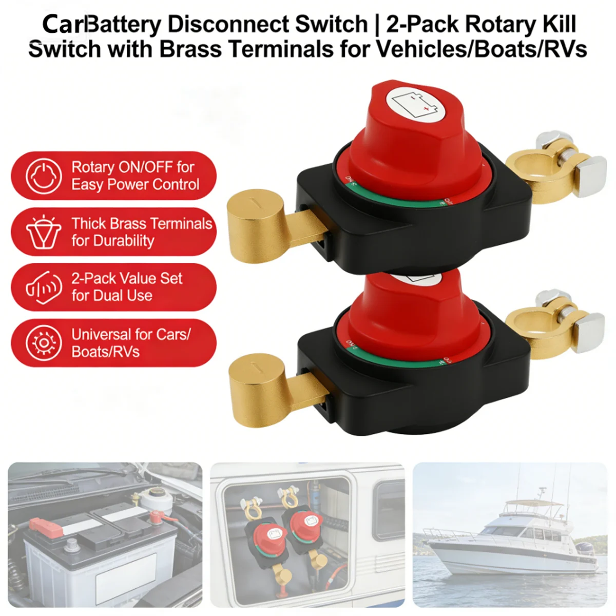 

2 Pack Heavy Duty Battery Disconnect Switch 12V-48V Knob Type Power Isolator Brass Terminal Anti-Leakage Cut Off Switch