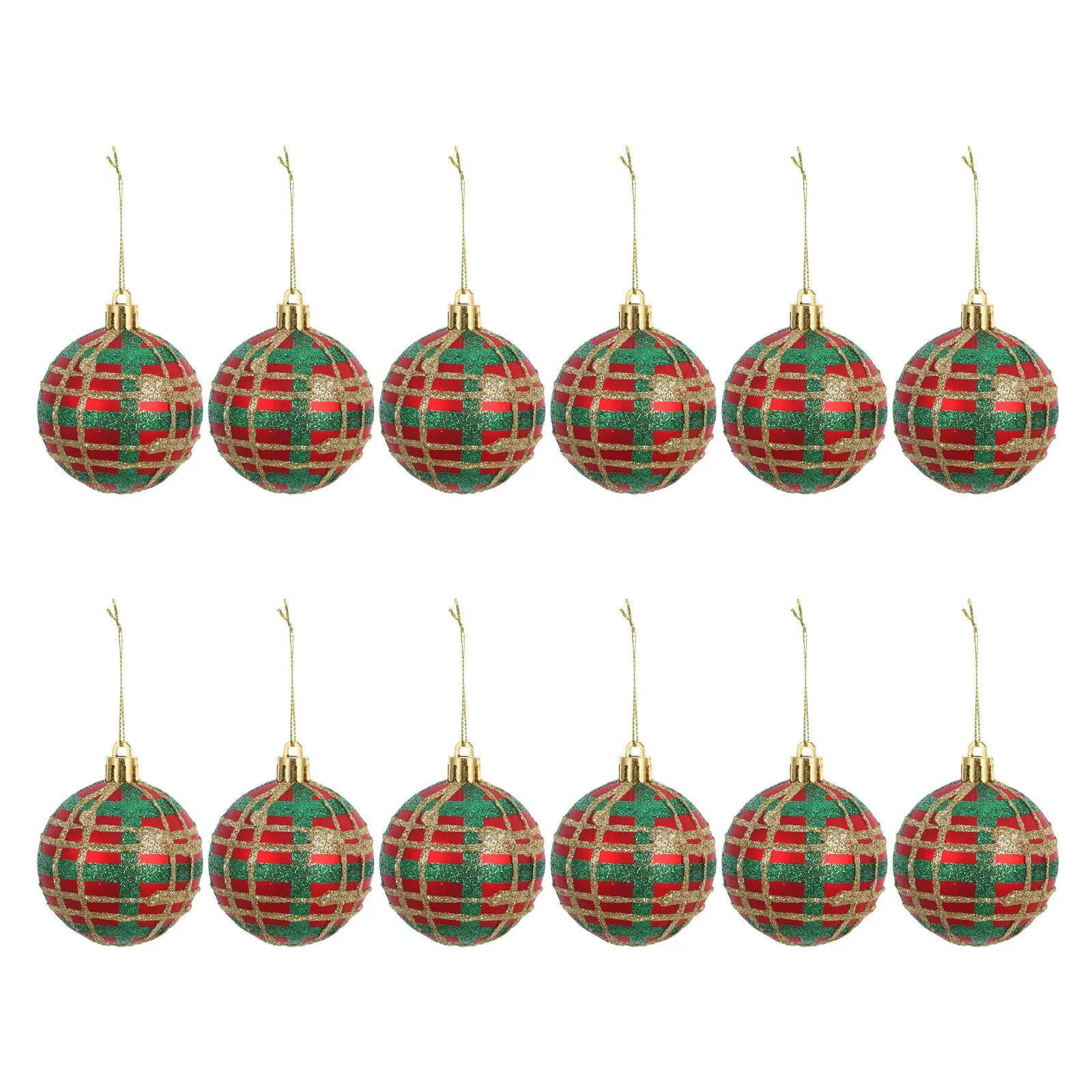 

12pcs Christmas Tree Ornaments Shatterproof Plastic Xmas Tree Plaid Ball Ornaments Holiday Decorative Hanging Baubles Red Green