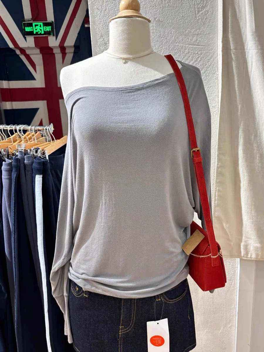 Solid Long Batwing Sleeve T-shirts Woman Sexy Slash Neck Cotton Tee Shirts Female Casual Simple All-match Tshirts New Y2k Tops