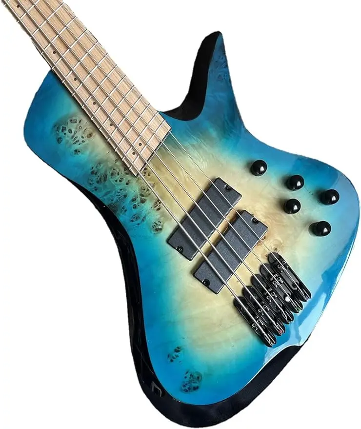 Fanned Fret 5 string Electric Bass Guitar Blue Burl Burst Quilt Maple Top Roasted Maple Neck