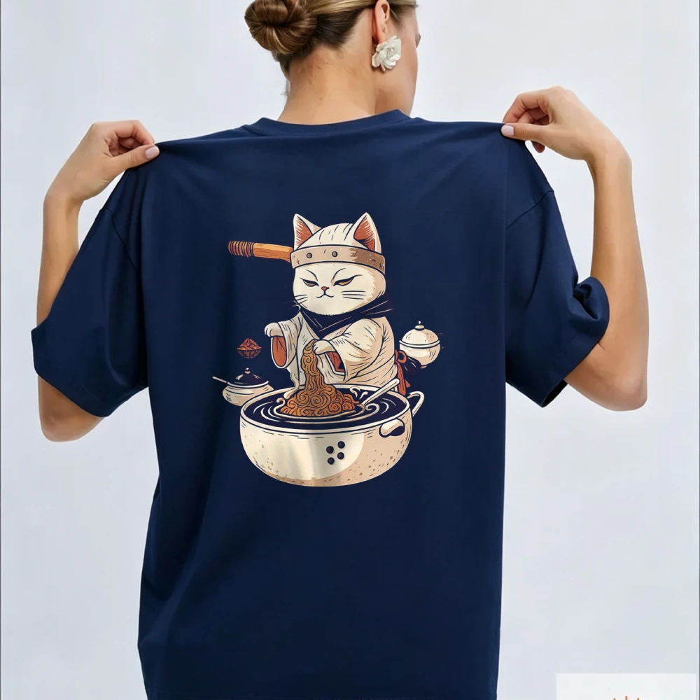 Women Japanese Samurai Ninja Cat Cooking Ramen T Shirt Vintage Ukiyo-e Warrior Kitty Noodle Cotton Oriental Food Lover Tops Tee