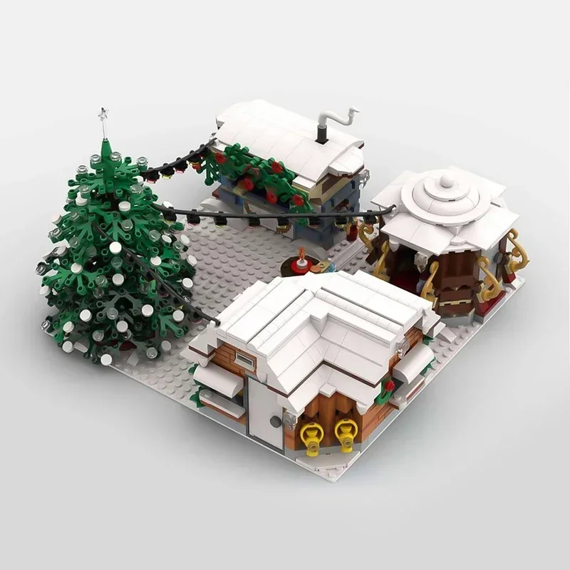 MOC-52465 aldeia de inverno mercado de natal barracas blocos de construção conjunto natal snowscape modelo arquitetônico diy crianças brinquedos presente