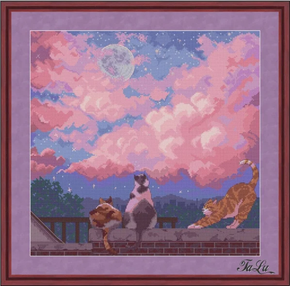 Quality Beautiful Counted Cross Stitch Kits Embroidered Home Decoration Cat Watching Pink Clouds on the Roof