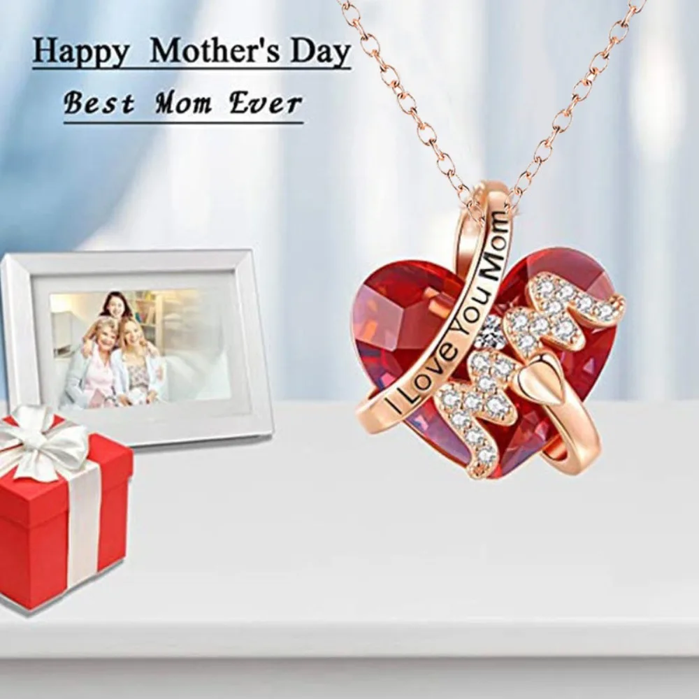 Luxury Fashion Mother's Day Gift Mom Heart Pendant Necklace Red/Blue Chain Necklace Women Mother Neck Accessories