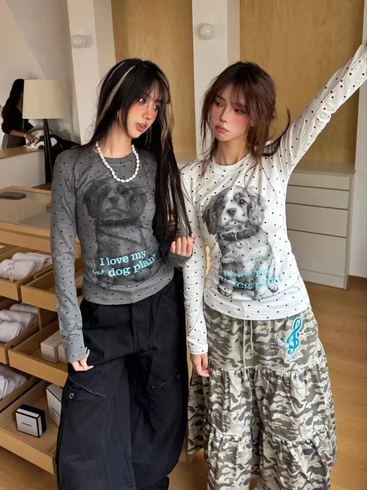 

Y2K Polka Dot T-Shirt for Women, Vintage Cartoon Print, Kawaii Cute Casual Tee, Harajuku Grunge Style
