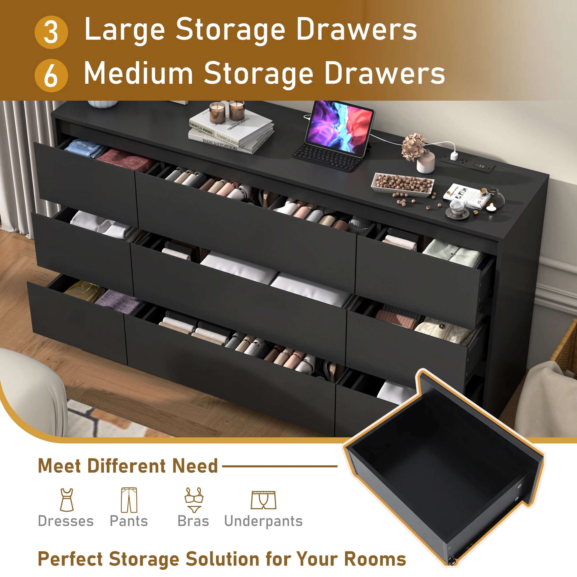 9 Drawer Dresser for Bedroom with Charging Station, 63