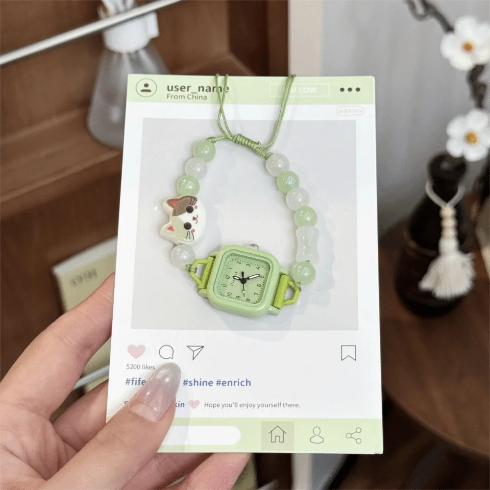 Fashion Adjustable Bracelet Watch Cartoon Cat Cute Chain Watch Beaded Quartz Watch for Women Girls