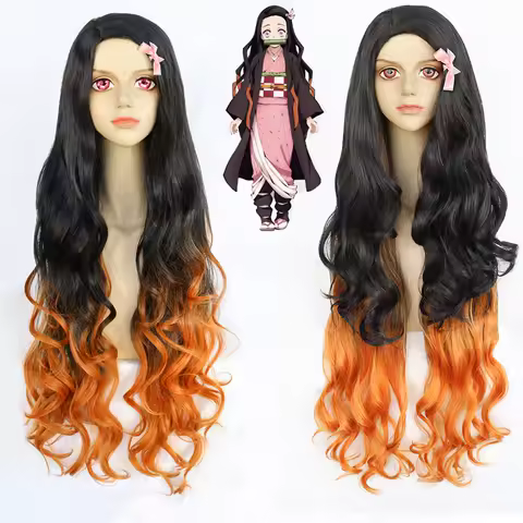 Kamado Nezuko Wig Anime Demon Slayer Kimetsu no Yaiba Cosplay Nezuko Kamado Cosplay Gradient Long Halloween Wig for Girls Women