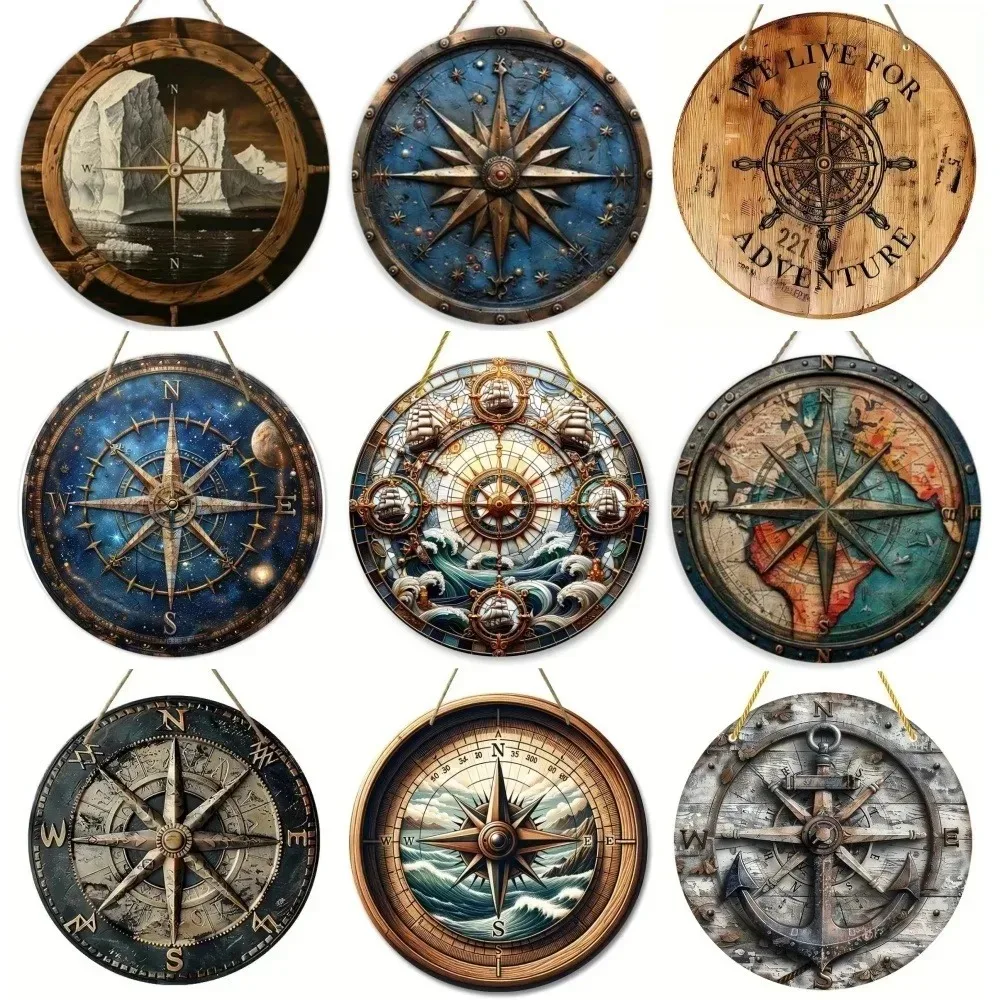 Vintage Nautical Compass Round Aluminum Metal Wall Art Decor for Home Living Room Bar Restaurant Garage Indoor Ornament