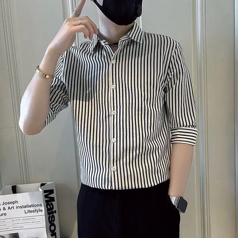 Men's Summer Stripe Quick Dry Short Sleeve Ice Silk Shirt Five-Quarter Length Fashionable Mid-Sleeve Casual Business Shirt