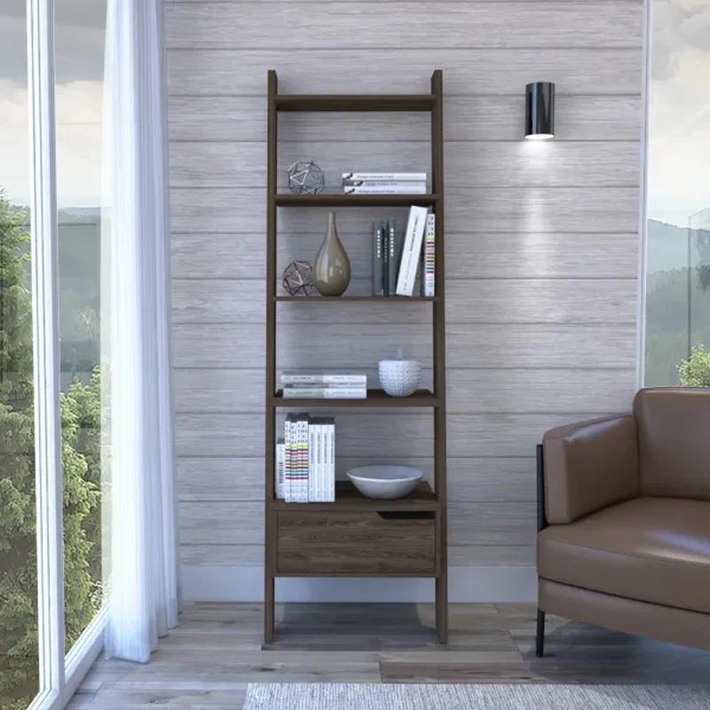 

Oslo Ladder Bookcase Four Legs One Drawer Five Open Shelves -Dark Walnut A Great Way To Add Storage To Any Space