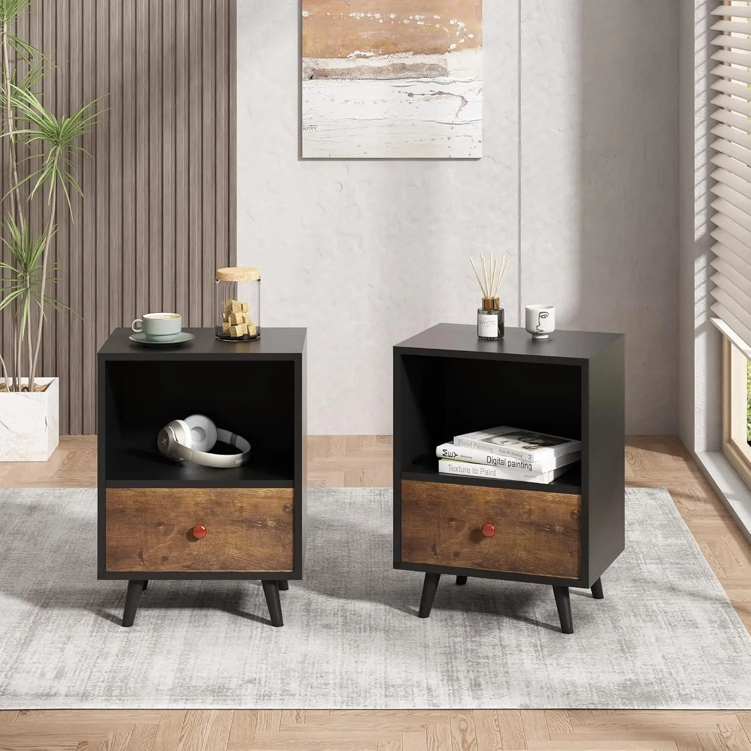 Nightstands Set of 2, Night Stand with Drawer and Open Storage Shelf, Bedside Tables with Solid Wood Legs, End Table, Side Table