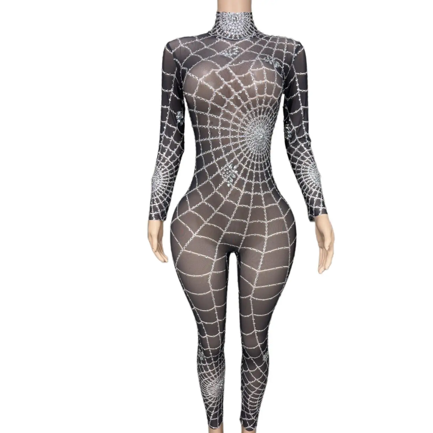 

Sexy Women Spider Web Black Spandex Elastic Jumpsuit High-end Skinny Chic Stage Outfit Club Carnival Party Performance Costume