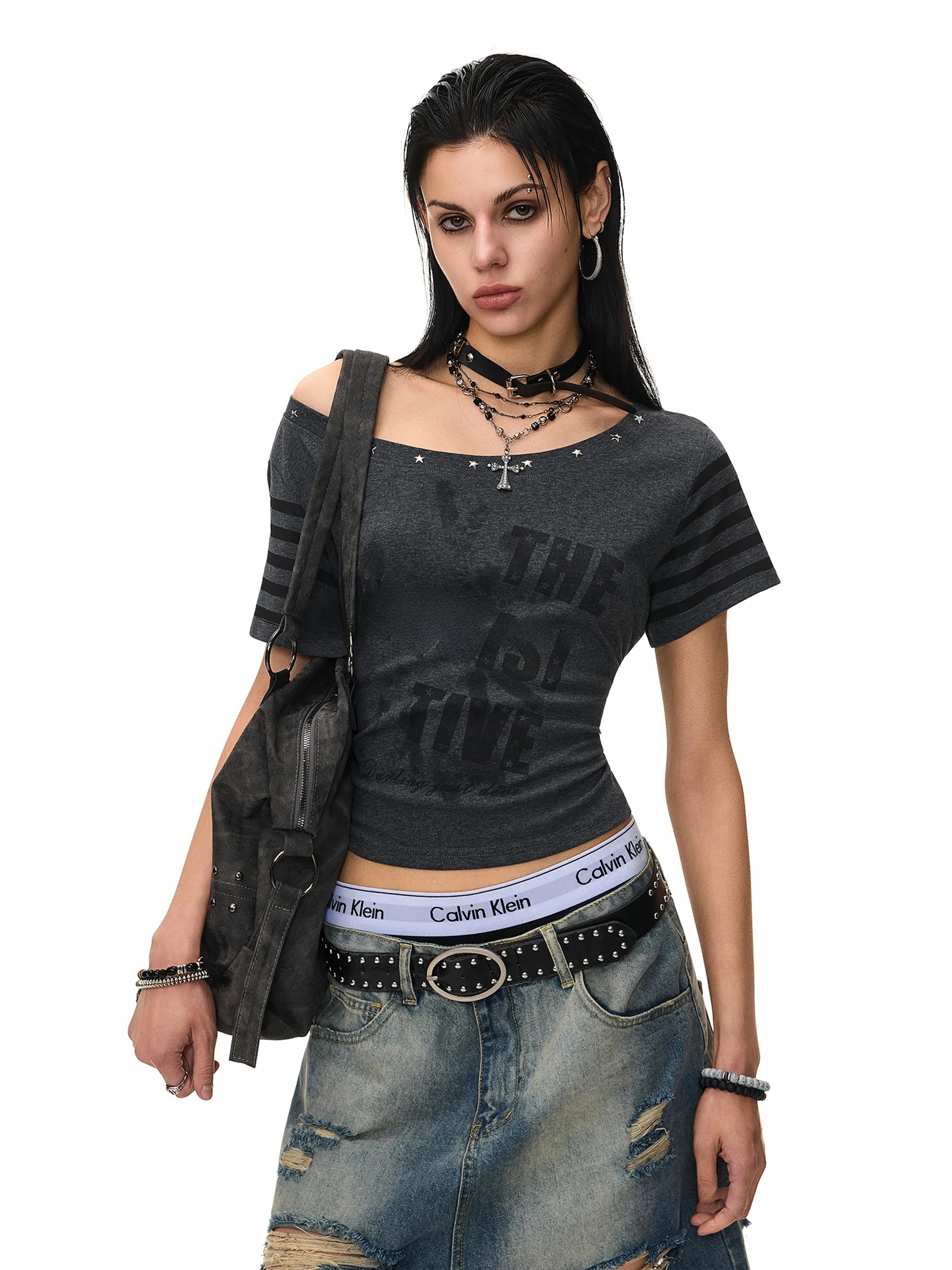 American Retro Letter Print Multi-Way Wear Shoulder Bared Short Sleeve Loose Casual Star Rivet Design Top Women's T-shirt