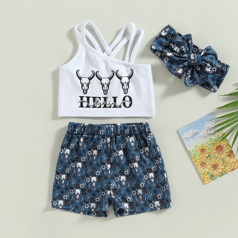 

2023-02-04 Lioraitiin 0-6Years Toddler Baby Girl 3Pcs Summer Outfits Sleeveless Bull Head Print Strap Tops Shorts Headband Set