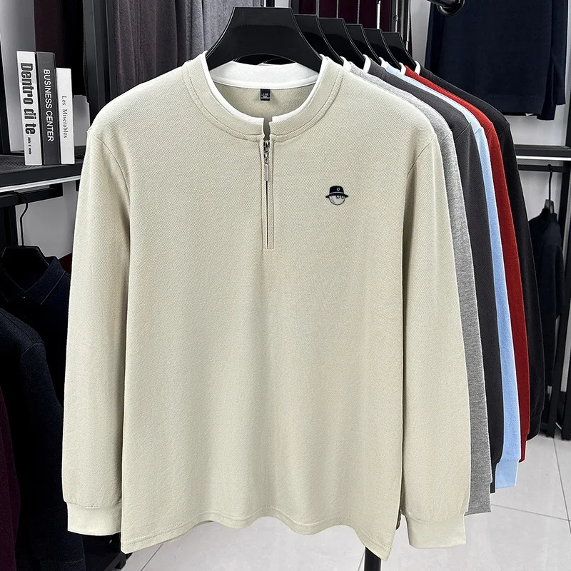 Exquisite Men's Advanced Stand Collar Quarter Zip T-Shirt Autumn Warm Fake Two Piece Sleeve Tops Business Casual Men's Clothing image 5