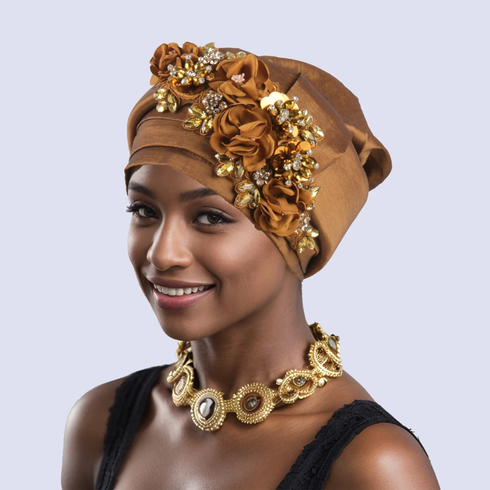 African Auto Gele Headtie Wedding Party Headpiece Women Head Wraps Muslim Hat Hijab Bonnet Nigeria Flower Turban Cap Headgear