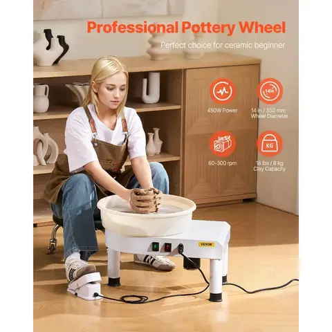 VEVOR 14in/35cm Pottery Wheel for Adults, 0-6in Lift-Table 450W Professional Pottery Kit with Foot Pedal Detachable Basin DIY Ar