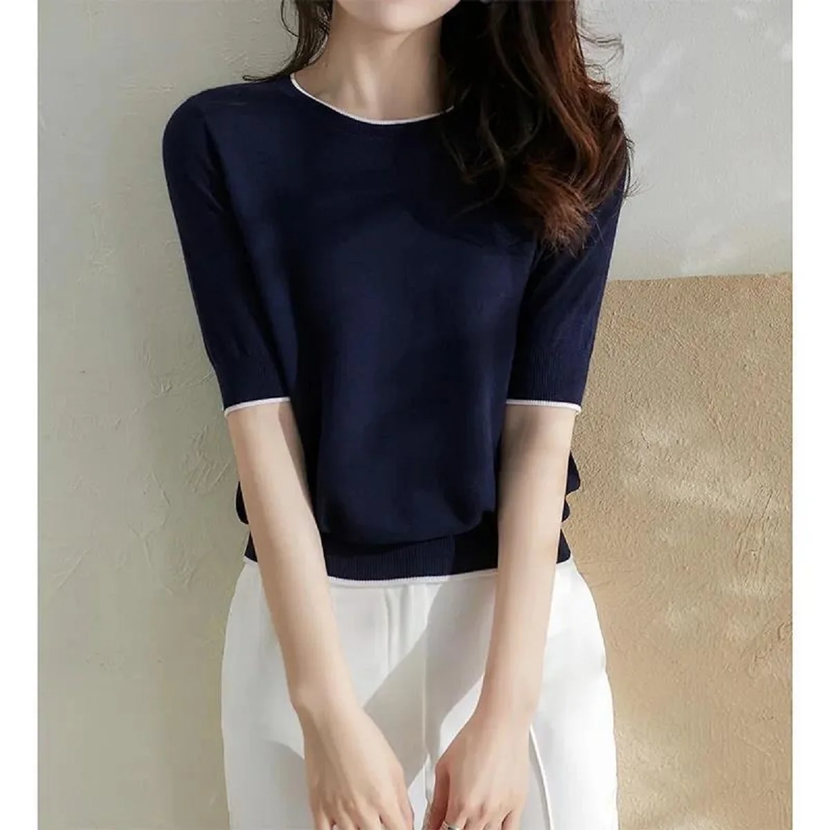 

Женский свитер, лето-весна, корейская мода, однотонный джемпер с короткими рукавами, однотонная футболка с круглым вырезом, повседневная темно-синяя женская одежда, топ