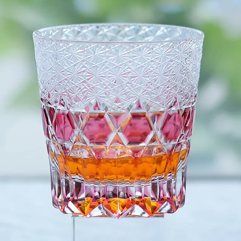Hand Carved Pink Gold Red Fluorite Whiskey Glass Japanese Style Crystal Wine Cup Elegant Gift Box for Home Bar Decor