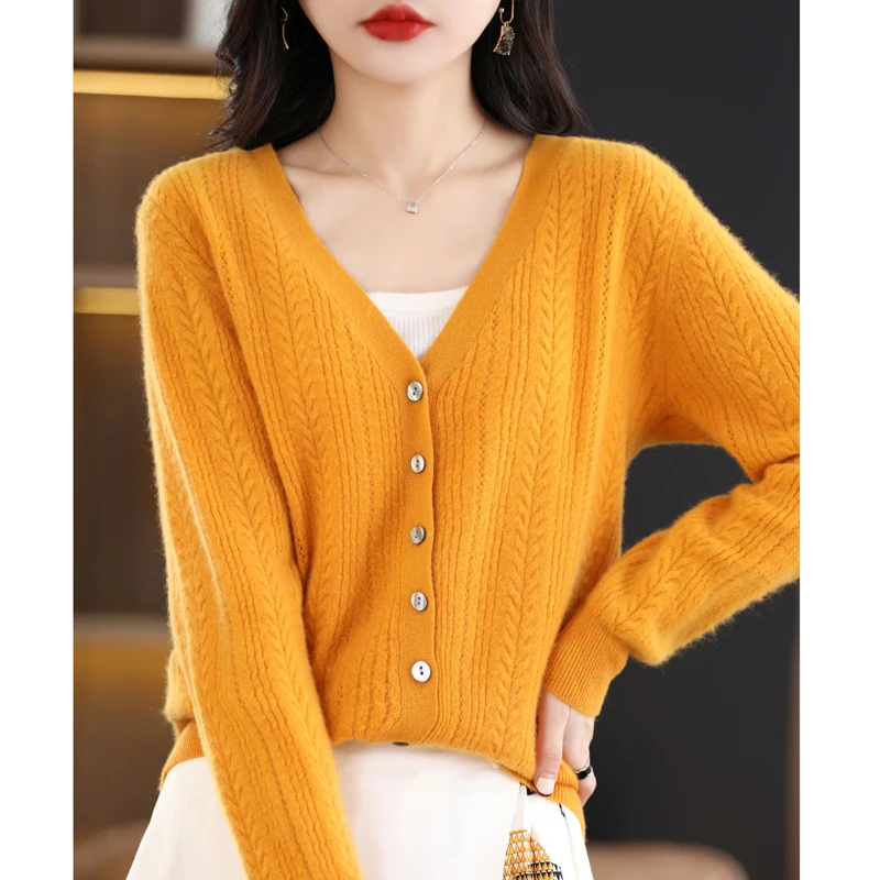 New Spring Autumn Pure Wool Cardigan Women\'s V-neck Merino Wool Knitted Jacket 2023 Korean  Westernized Pure Color Versatile Top