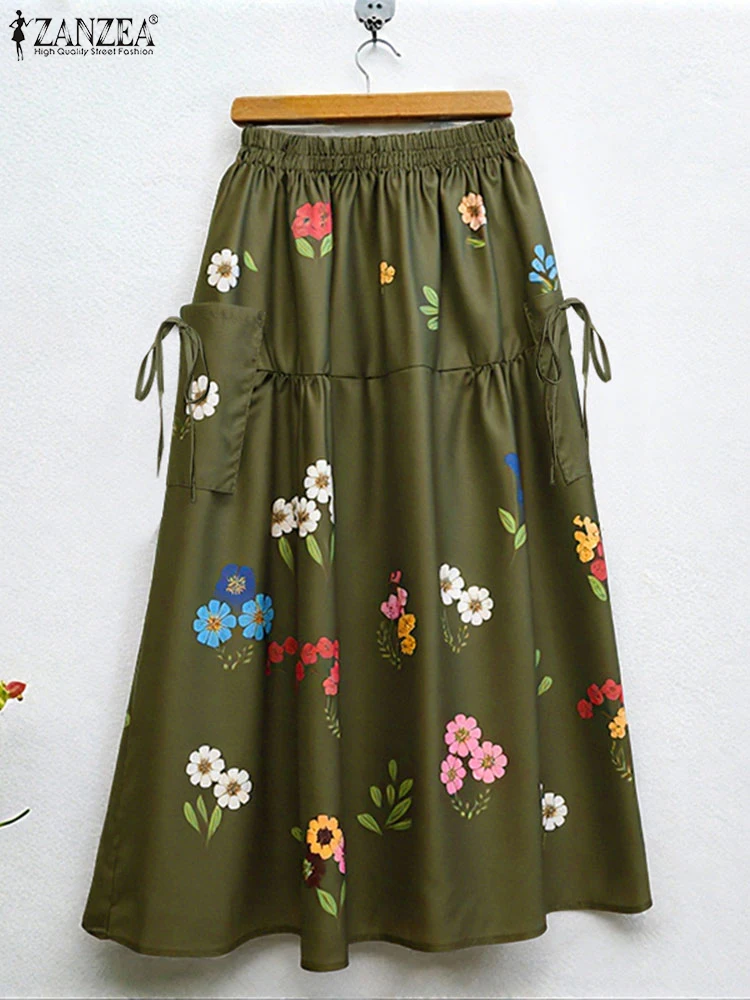 2025 ZANZEA Fashion Women Maxi Skirts Autumn Long Bottoms Floral Print Holiday Elastic Waist Casual Oversized Jupes Faldas Saia