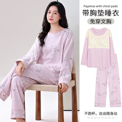 New Spring and Autumn 100% Cotoon Pyjamas With Chest Pad Big Size M-3XL Female Pajamas Set Long Sleeve Floral Sleepwear