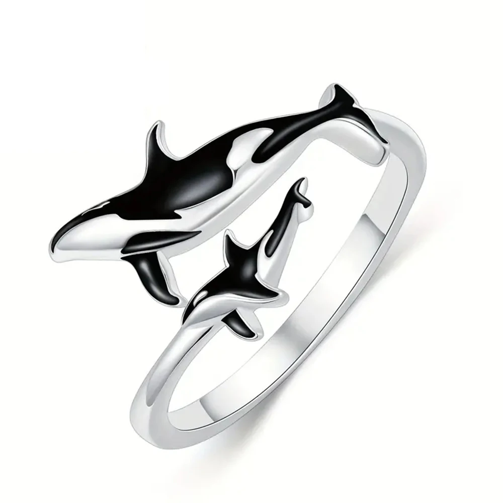 A Fashionable and Creative Great White Shark Black and White Open Ring Is Suitable for Daily Wear as a Gift for Friends