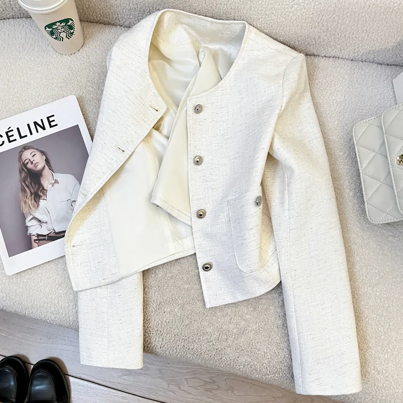 

French White Luxury Short Coat Women's Fashion Simple Small Fragrance Office Lady Casual Long Sleeve Elegant Short Coat