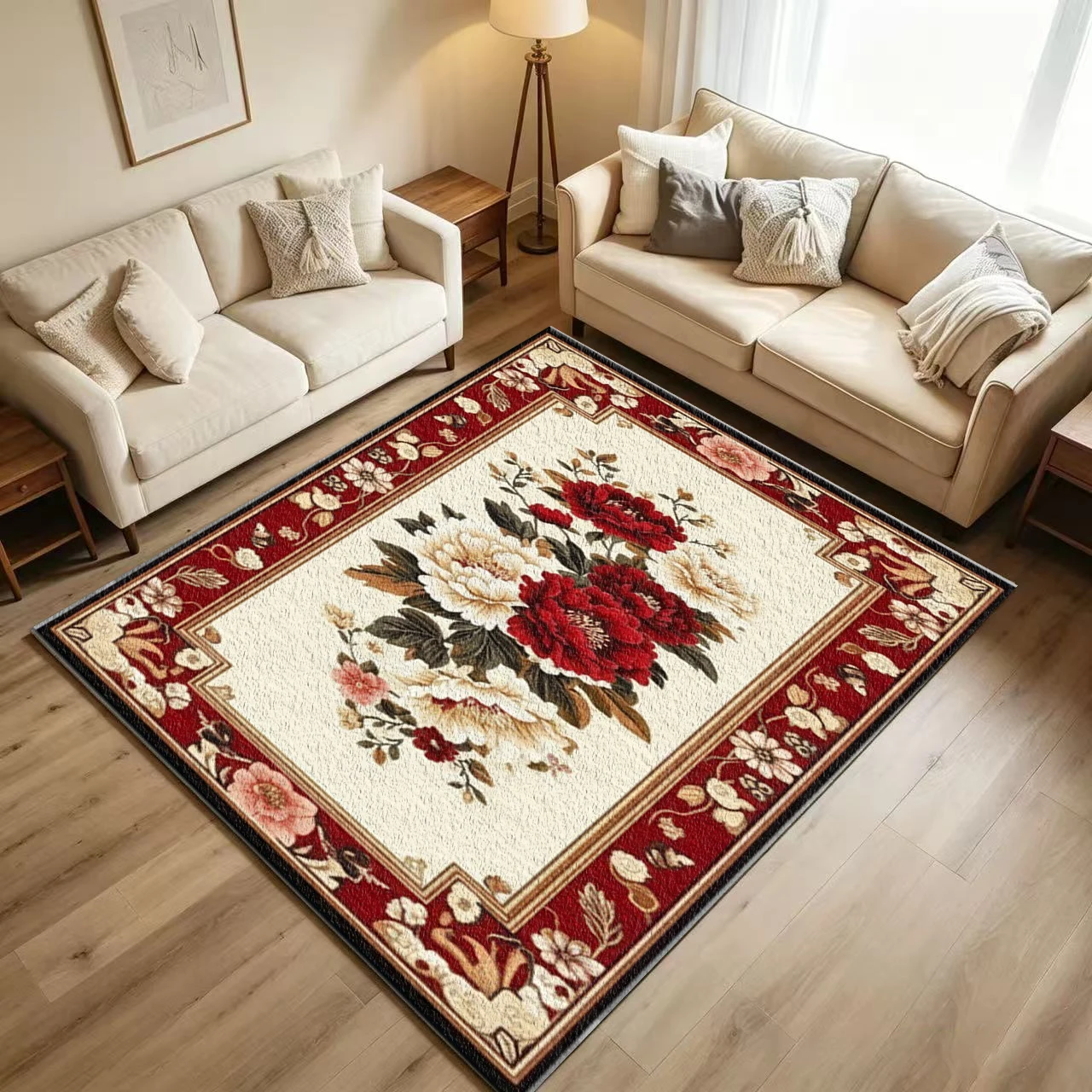 European Retro Peony Floral Area Rug, Non-Slip Floor Carpet for Living Room Bedroom Home Decor