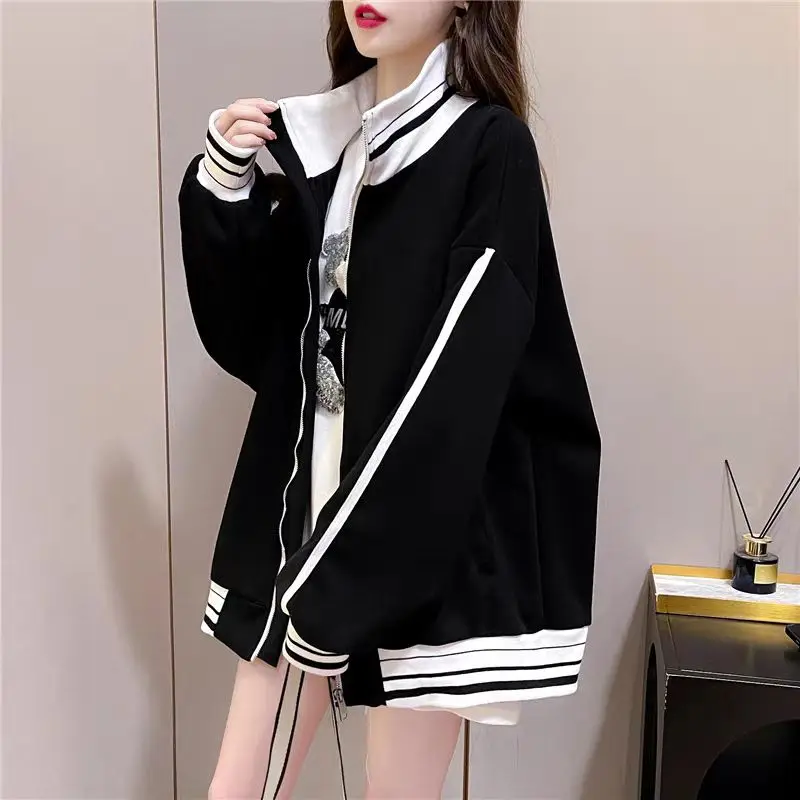 Female Clothes Black Sweatshirts for Women Full Zip Up Tops with Zipper Coat Striped Y2k Hoodie 2000s Long Sleeve Style Matching