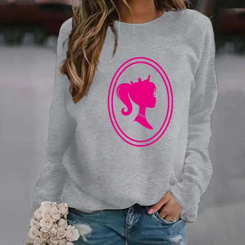 Barbie Cotton Women\'s Summer Spring Long Sleeve T-Shirt Top Cartoon 2024 New Barbie Printed Round Neck Sweatshirt Girls Gift