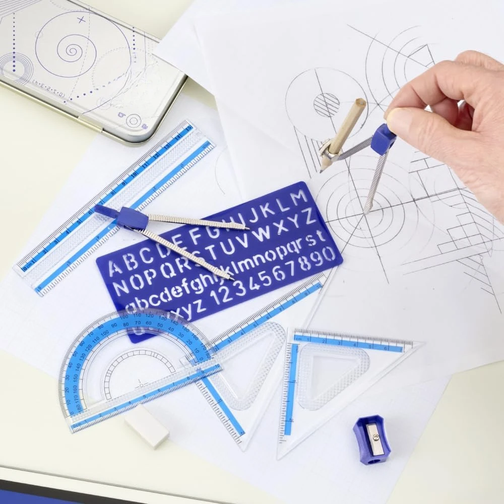 10-piece math set metal compass, 6-inch ruler and triangular square, 45° and 30/60° set square