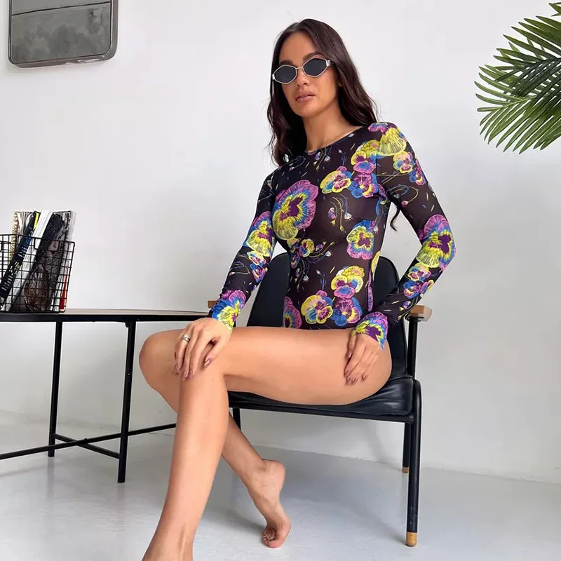 2025 New Fashion Print  Long Sleeve Sun-protective One Piece Swimwear for Women Summer Swimming Surfing Slimming Bikini Swimsuit