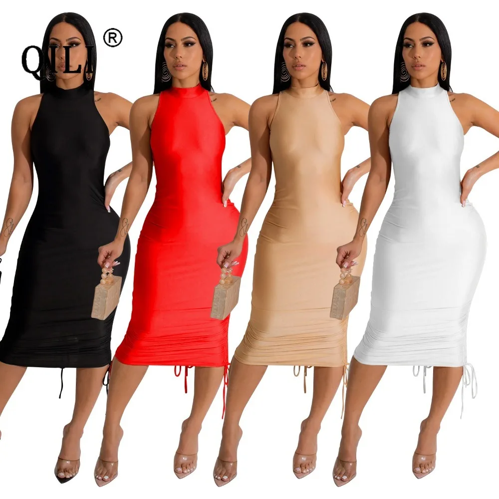 QILI Sleeveless Hollow Out Draw String Bodycon Dress for Womens White Party Club Dress Vestidos