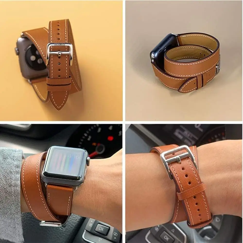 Double Tour For Apple watch band 44mm 45mm 41mm 42mm 40mm 49mm Genuine Leather bracelet correa series ultra 9 8 4 5 6 7 SE strap