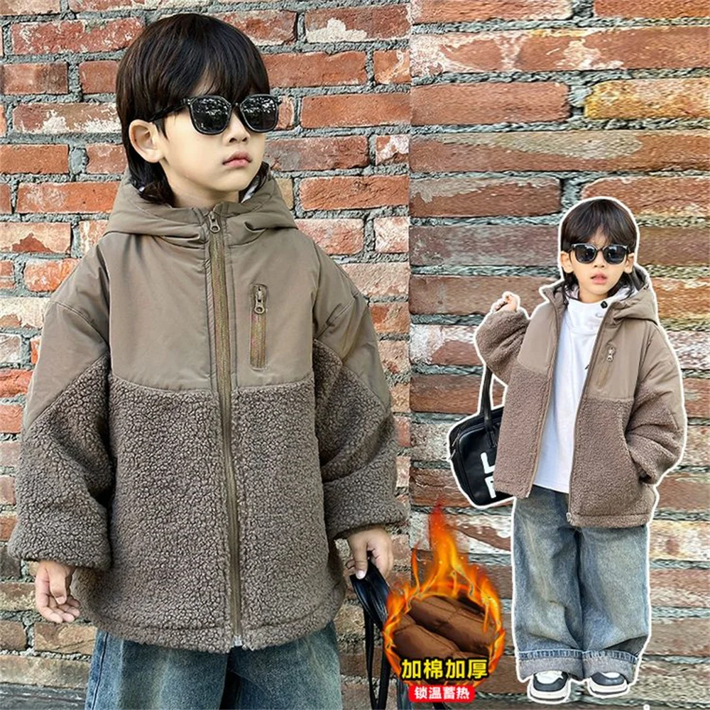 

2126 Korean Fashion Kid Boys' Coat Velvet Hooded Sweatshirt Jacket Winter Thick And Warm Girls' Baseball Jacket Coat