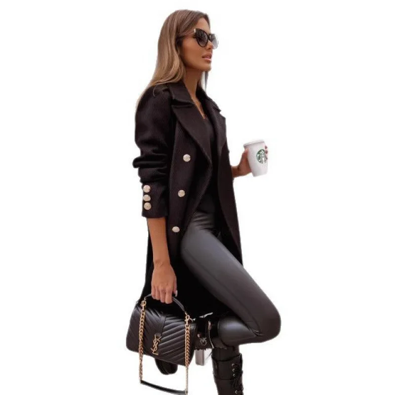 Cappotto di lana casual di media lunghezza doppiopetto Primavera 2025 Capispalla Faion da donna Pantaloni lunghi a vita alta Regular Thin