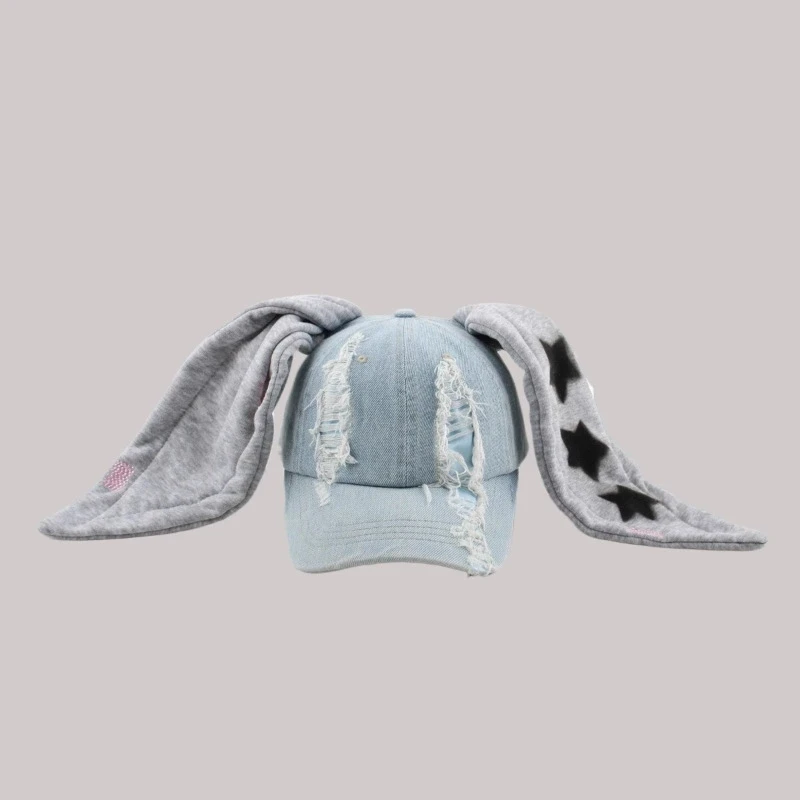 Von Prominenten inspirierte Niche Rabbit Ear Denim Ripped Baseball Cap Washed Graffiti Hip-Hop Sun Hat Trendy Cap – Detail 7
