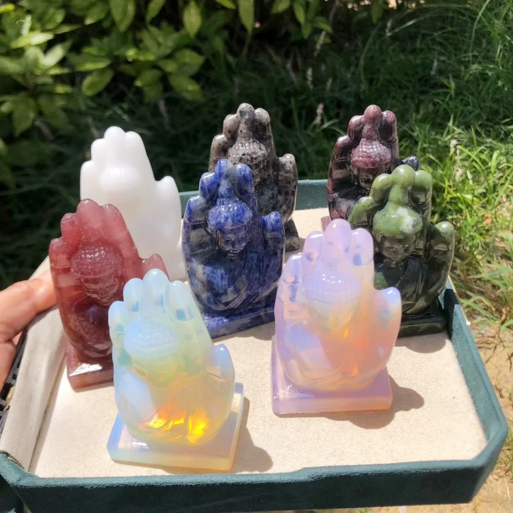 8cm Natural Quartz Hand Carved Buddha In Palm Statue Healing Crystal Meditation Figurine Peace Blessing Desktop Decor Gift