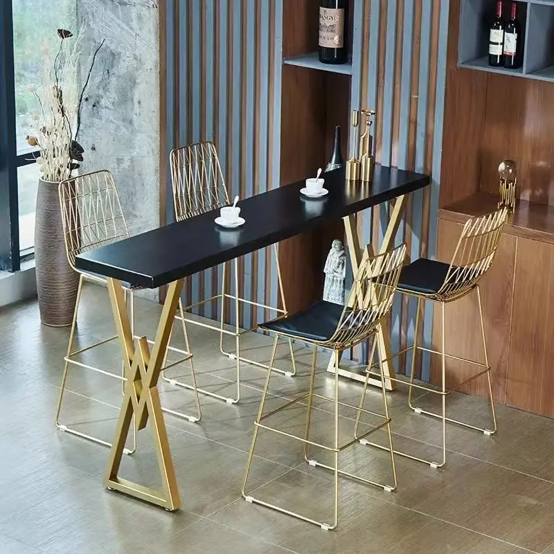#Luxury Modern bar Counter and Chair Set, Featuring a Tall, Narrow bar Counter with Metal and Wood Paneling.