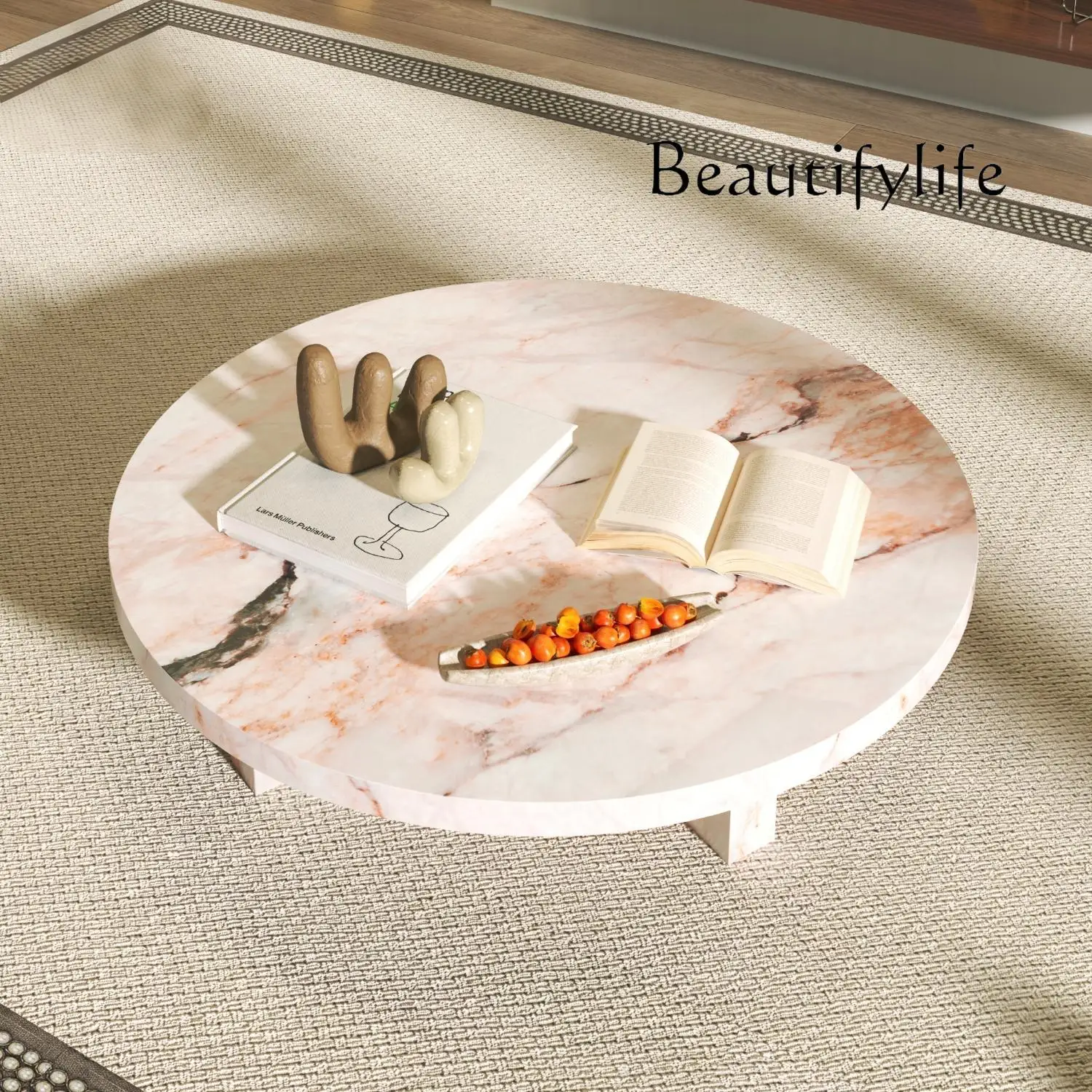 X "Pink Jade Round Coffee Table - Luxury Marble Slate Side Table For Spacious Living Room, High-End Stone Tea Table"