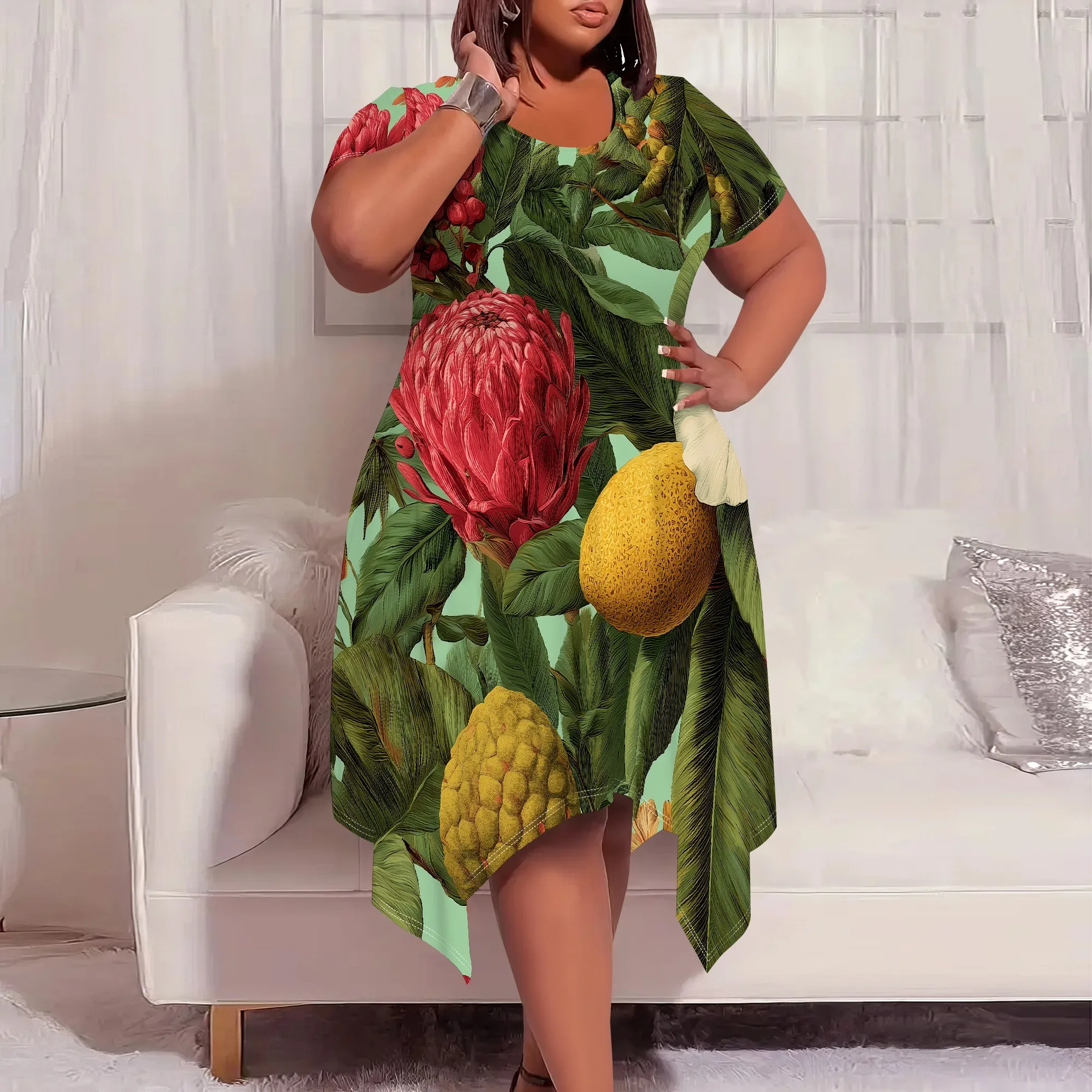 

Tropical Fruit Floral Print Plus Size Dress XL-6XL Short Sleeve Asymmetrical Hem for Garden Picnic, Art Fair or Farm Market Look